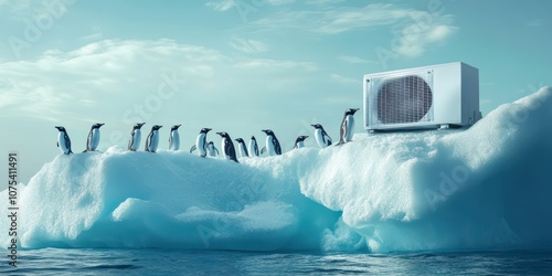 Group of penguins on an iceberg with an air conditioner, symbolizing powerful cooling technology
