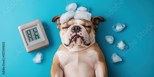 Bulldog lying with ice packs on its head beside a digital timer, cooling off in hot weather