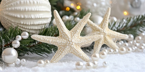 Elegant Christmas decorations with starfish and pearls on a white background, adding coastal charm