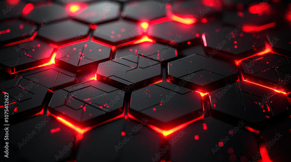 A dark textured surface with glowing red hexagonal patterns, creating a futuristic and high-tech aesthetic. A dark textured surface with glowing red hexagonal patterns, creating a futuristic and high-tech aesthetic.