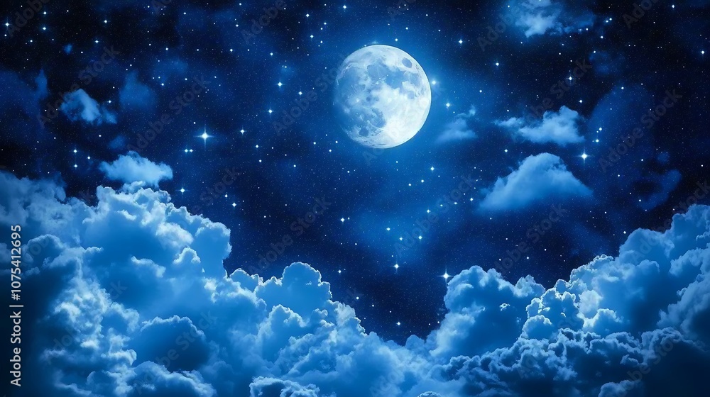 Full Moon and Stars Shining Through Clouds in Night Sky Full Moon and Stars Shining Through Clouds in Night Sky