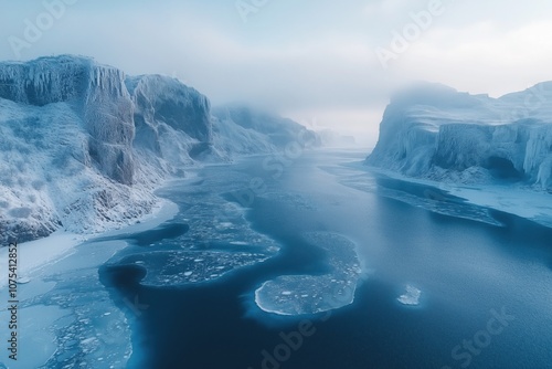 Frozen fjord reflecting winter light with snowy cliffs and ice floes photo