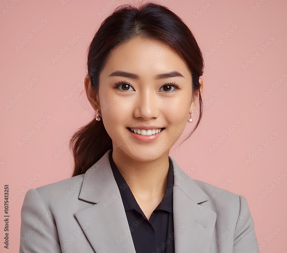 Isolated Portrait of Happy Japanese Businesswoman on Pink Background Isolated Portrait of Happy Japanese Businesswoman on Pink Background