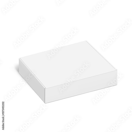 Realistic four flap closed white mailing box mockup. Half side view. Ready for presentation your product. Vector illustration isolated on white background. EPS10.	