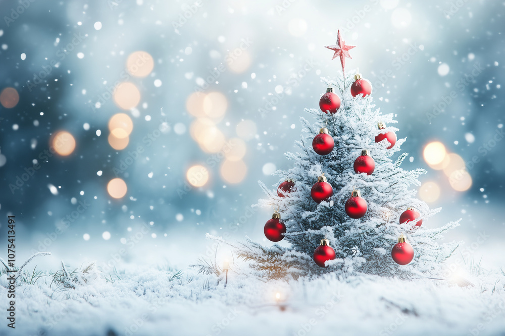 Beautiful Christmas Background with Copy Space for Design and Text, Featuring New Year Tree and Christmas Tree Toys Beautiful Christmas Background with Copy Space for Design and Text, Featuring New Year Tree and Christmas Tree Toys
