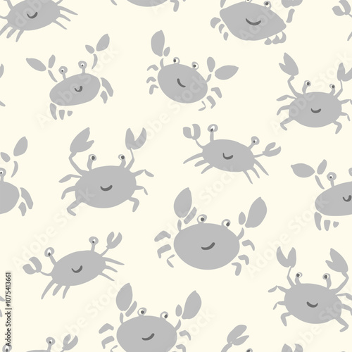 Vector repeating pattern with happy soft gray crabs on cream background. Coastal, swim, poolside, crab seafood restaurant backdrop