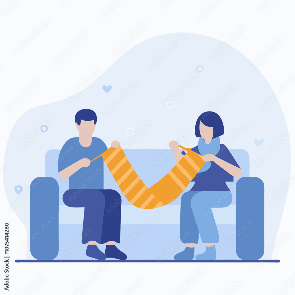 A man and woman are sitting on a couch, knitting a scarf. Concept of warmth and comfort, as the couple spends quality time together while engaging in a relaxing activity A man and woman are sitting on a couch, knitting a scarf. Concept of warmth and comfort, as the couple spends quality time together while engaging in a relaxing activity