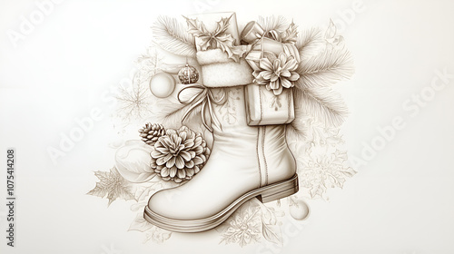 Artistic illustration of a festive boot decorated with holiday elements and floral arrangements