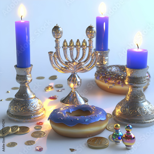 A festive arrangement featuring a menorah, candles, donuts, and chocolate coins for Hanukkah. photo