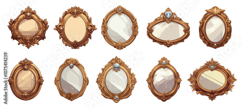 Vintage mirrors. Decorative retro frame and border forms, luxury baroque ornament swirl frameworks with diamonds set vector illustration
