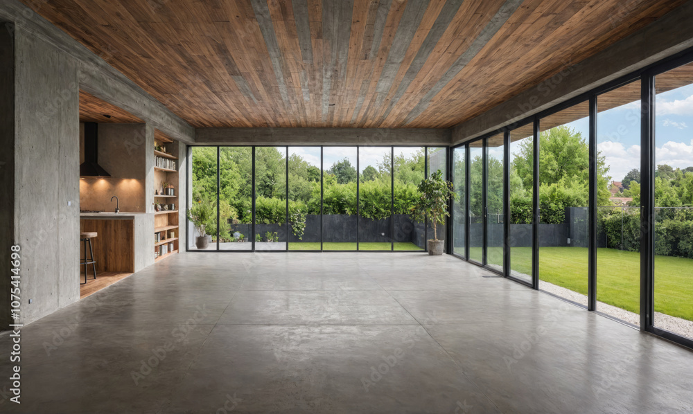 A modern living space with a concrete floor and wooden ceiling, featuring large windows showcasing a lush green lawn A modern living space with a concrete floor and wooden ceiling, featuring large windows showcasing a lush green lawn