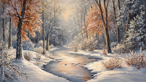 serene winter landscape featuring snow covered river, surrounded by trees with autumn leaves. soft light creates peaceful atmosphere