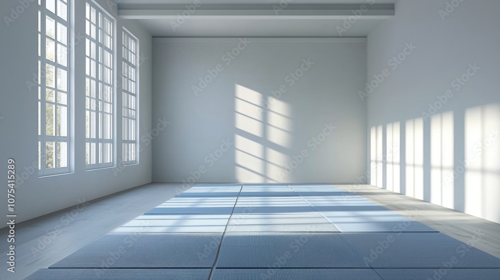 A large room with a blue carpet and white walls A large room with a blue carpet and white walls