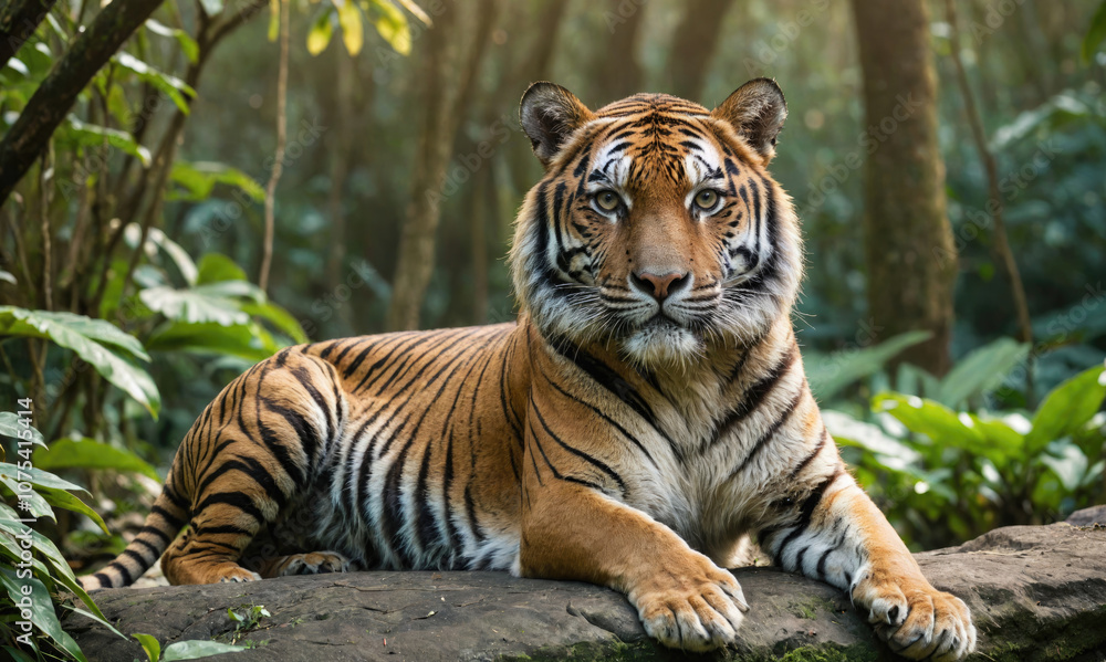 A tiger rests on a rock in a lush forest, its stripes blending seamlessly with the shadows A tiger rests on a rock in a lush forest, its stripes blending seamlessly with the shadows