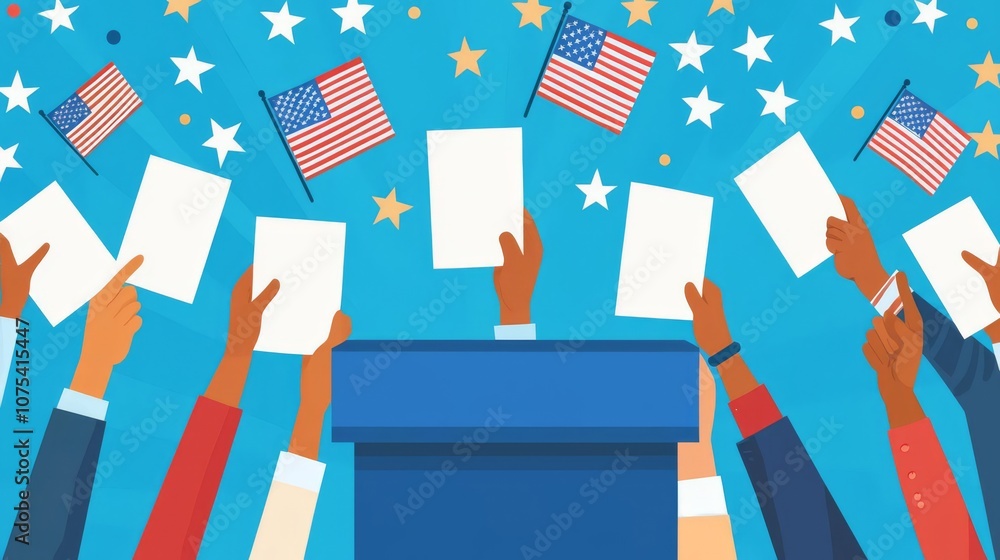 Fototapeta premium Voting hands raised for democracy and participation.