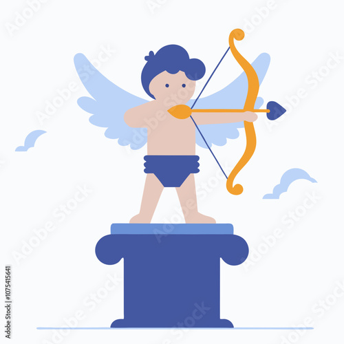 A young man dressed in a blue shirt and blue shorts is holding a bow and arrow. He is standing on a pedestal and he is a statue of a man