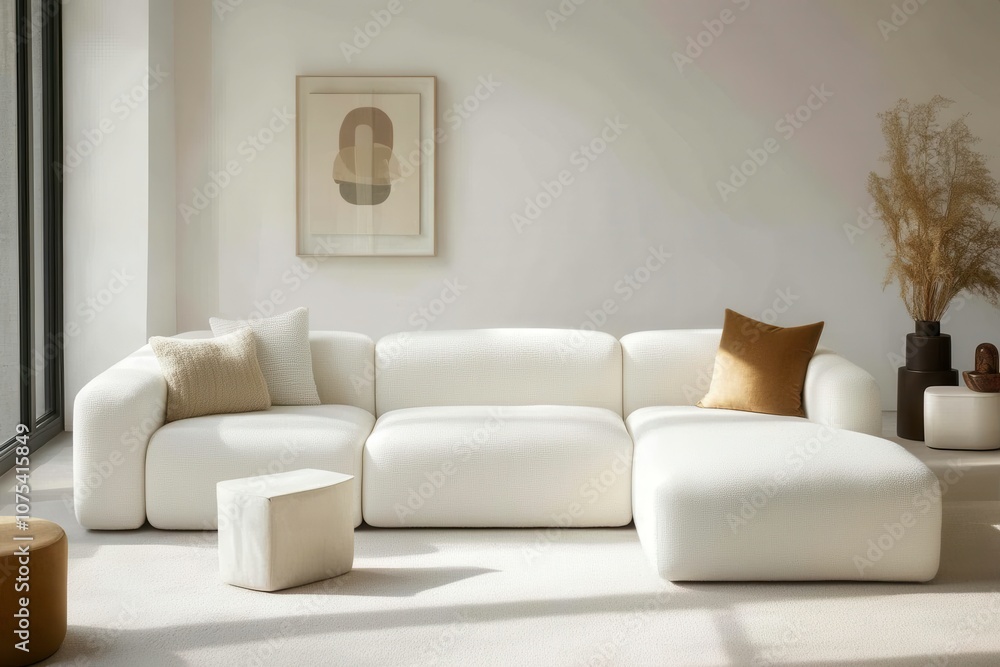 Fototapeta premium Bright and Airy Room with White Sofa and Accent Pillows