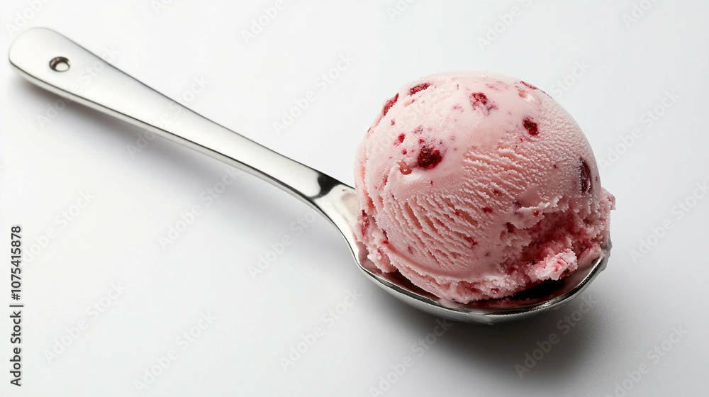 Red fruit ice cream on a spoon on a white background Red fruit ice cream on a spoon on a white background