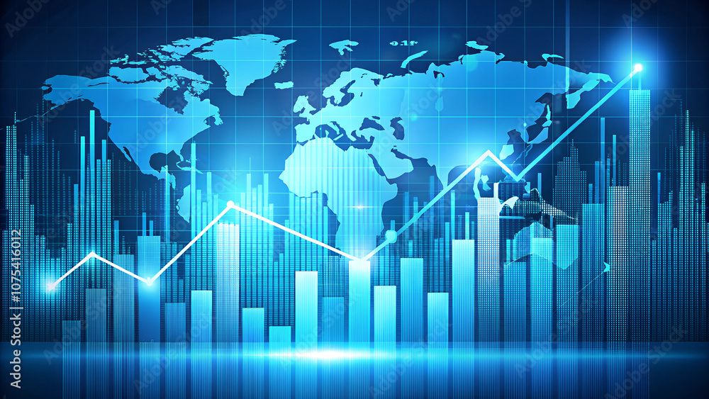 Global Financial Growth Chart with Blue World Map Background Global Financial Growth Chart with Blue World Map Background