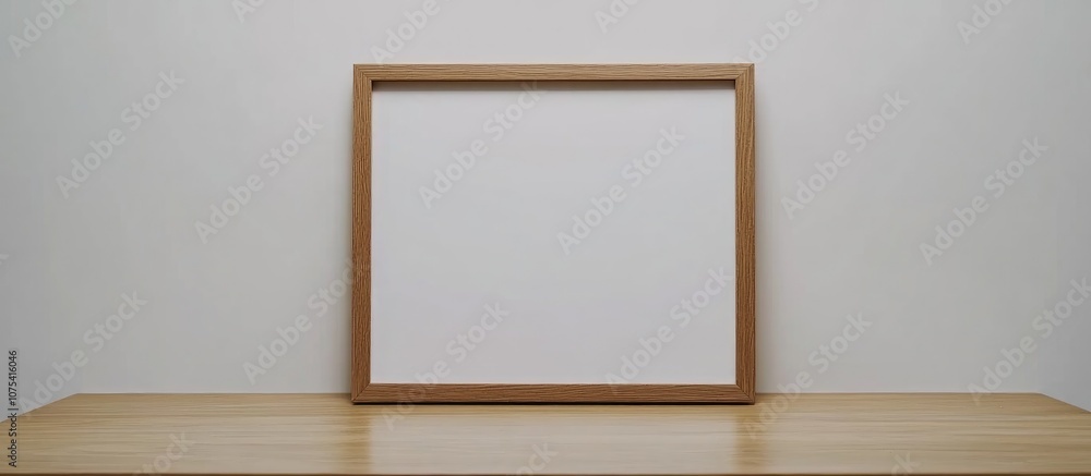 Blank wooden frame mock up positioned on a desk against a plain white wall ideal for interior design presentations artwork display Blank wooden frame mock up positioned on a desk against a plain white wall ideal for interior design presentations artwork display