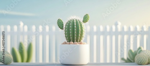 Cactus planting in a minimalist white clay pot surrounded by a charming white fence ideal for home decor photo