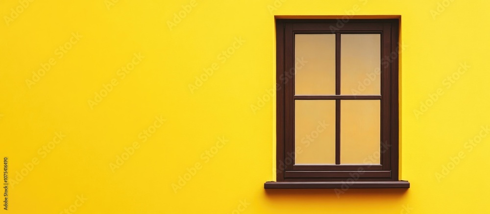 Obraz premium Brown window frame against a vibrant yellow backdrop showcasing architectural design and color contrast