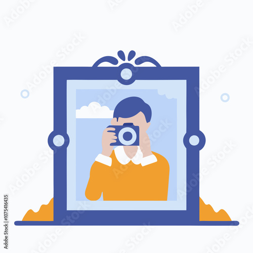 A man is taking a picture of himself in a mirror. The image is a reflection of a man holding a camera