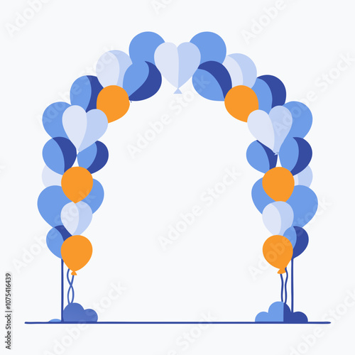 A large arch made of balloons with blue and orange balloons. The arch is curved and has a lot of balloons