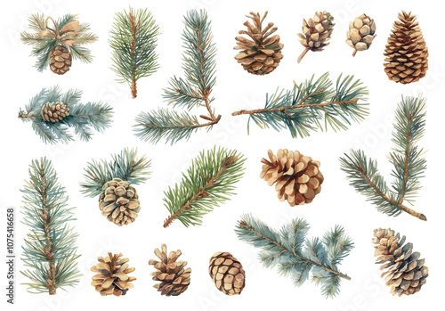 Watercolor pine branches. Fir tree cones christmas decoration, winter holidays set vector illustration