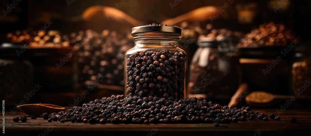 Black pepper in a glass jar surrounded by various spices and kitchen utensils displayed on a wooden table Black pepper in a glass jar surrounded by various spices and kitchen utensils displayed on a wooden table