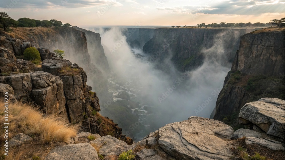 Fototapeta premium Deep chasm with mist-shrouded depths and rugged rocky edges, dark, jagged, expansive, abandoned, desolate