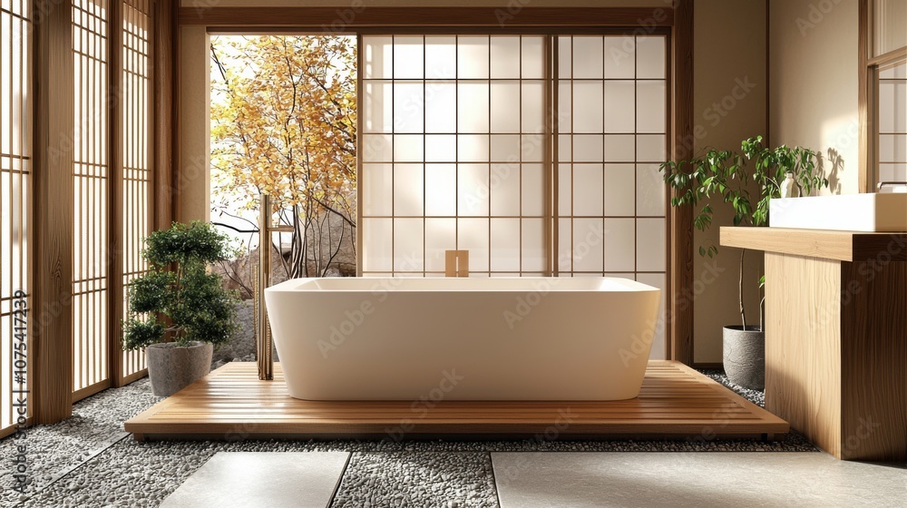 A bathroom with a large white bathtub and a potted plant A bathroom with a large white bathtub and a potted plant