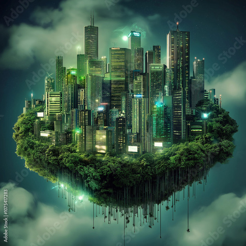 Flying city. Sustainable urbanistics. City greening, environment and ecologic technologies around the city. photo