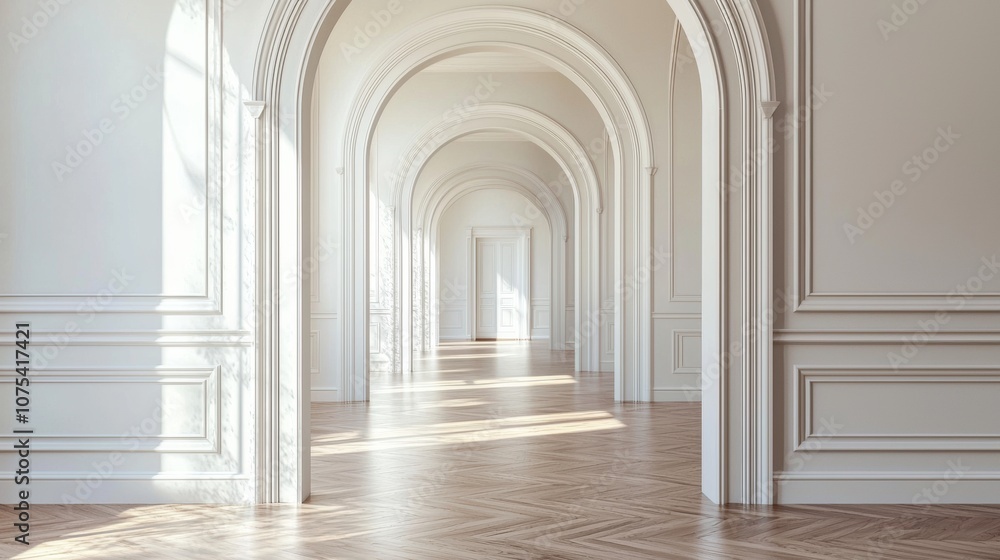 A long, narrow hallway with white walls and wooden floors A long, narrow hallway with white walls and wooden floors