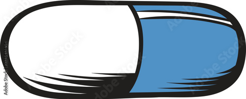 Hand drawn illustration of a blue and white capsule representing medicine, healthcare, and the pharmaceutical industry