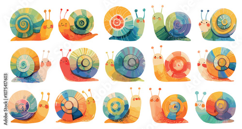 Watercolor snails. Cute cartoon childish animal bug mascot character with colorful shell, fun snail slug set vector illustration