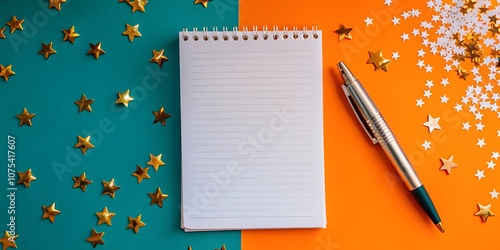 ペンと金の星が付いた新年の抱負リスト、目標用の空白スペース、きれいな背景に紙吹雪