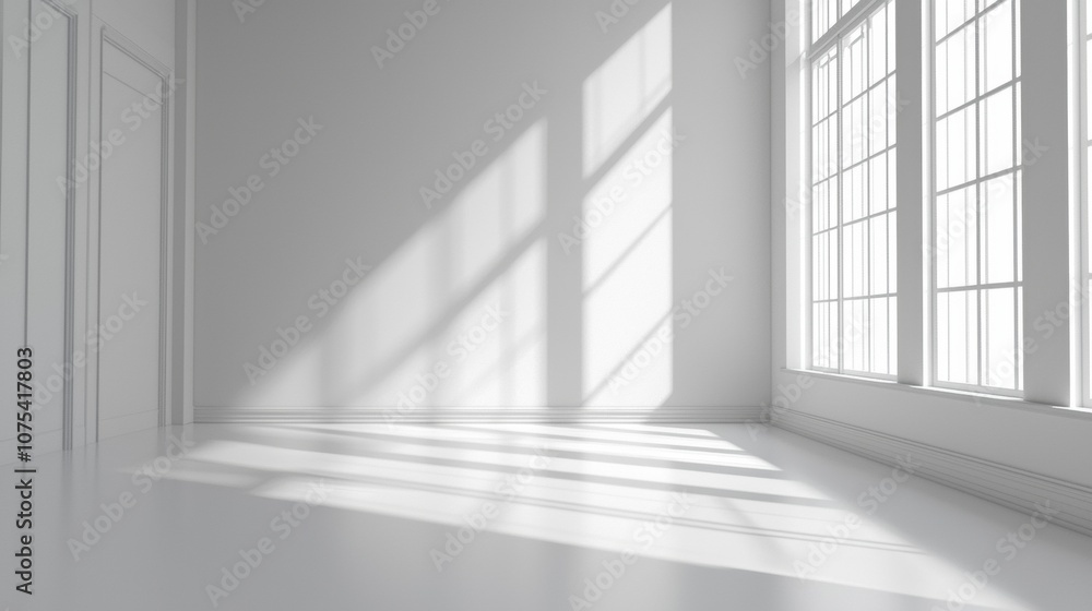 A large, empty room with white walls and windows A large, empty room with white walls and windows