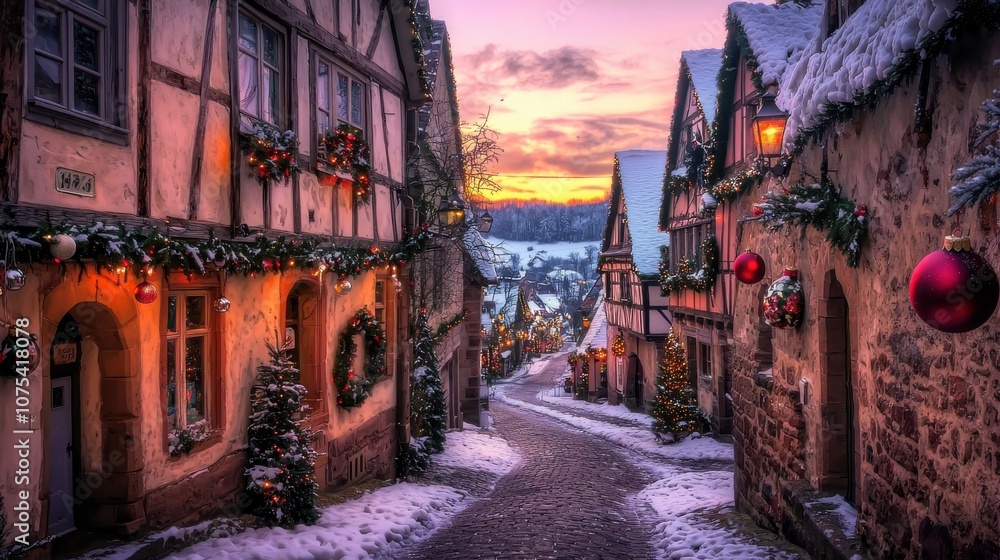 Fototapeta premium A picturesque winter village scene adorned with festive decorations and snow.