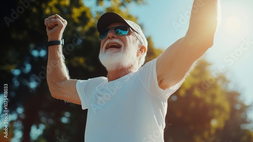 elderly man in sportswear celebrates her victory in the marathon 
