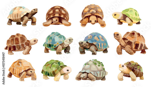 Watercolor tortoise. Pet reptile turtle with colorful shell, wildlife amphibian animal creature set vector illustration