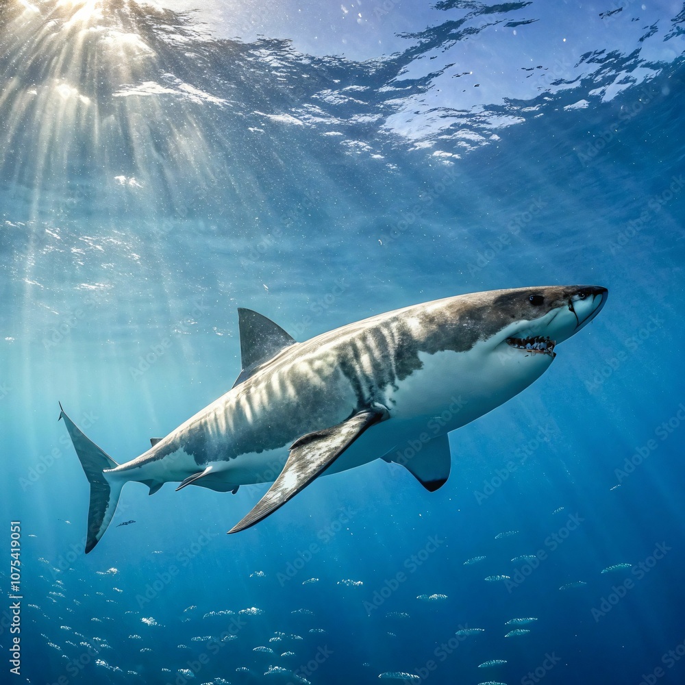 Majestic great white shark in clear ocean waters. Majestic great white shark in clear ocean waters.