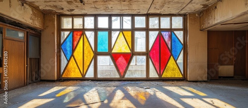 Art deco stained glass window panel showcasing vibrant triangular designs in an abandoned hotel a glimpse into vintage elegance photo