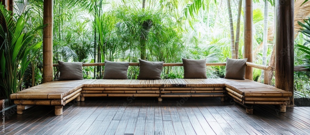 Bamboo benches arranged on a charming terrace perfect for outdoor relaxation Bamboo benches arranged on a charming terrace perfect for outdoor relaxation