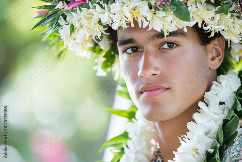 a Hawaiian native dressed in traditional kapa and flower lei for a ceremony. photo