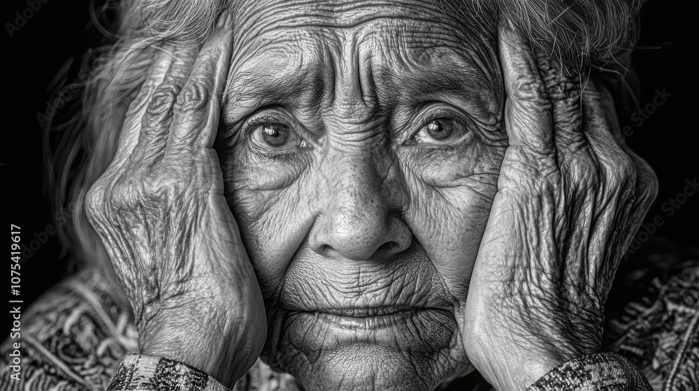 Reflective moment: intimate black and white portrait of an elderly woman Reflective moment: intimate black and white portrait of an elderly woman