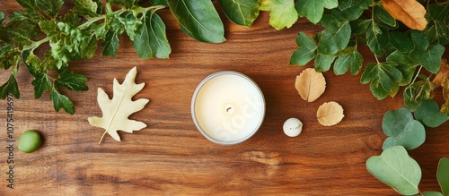 Autumn inspired flat lay featuring a candle oak leaf rowan leaf and ivy leaves arranged on a wooden table showcasing cozy seasonal decor photo