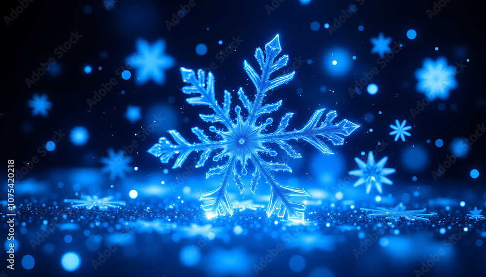 A snowflake is lit up in a blue background A snowflake is lit up in a blue background