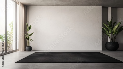 Fototapeta Naklejka Na Ścianę i Meble -  A large empty room with a black carpet and two potted plants