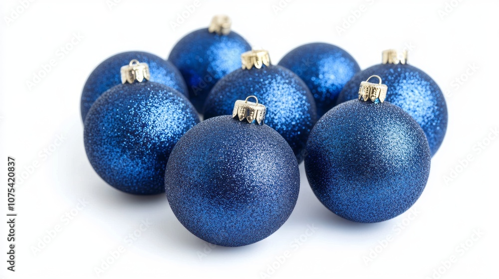 A group of blue and gold Christmas ornaments